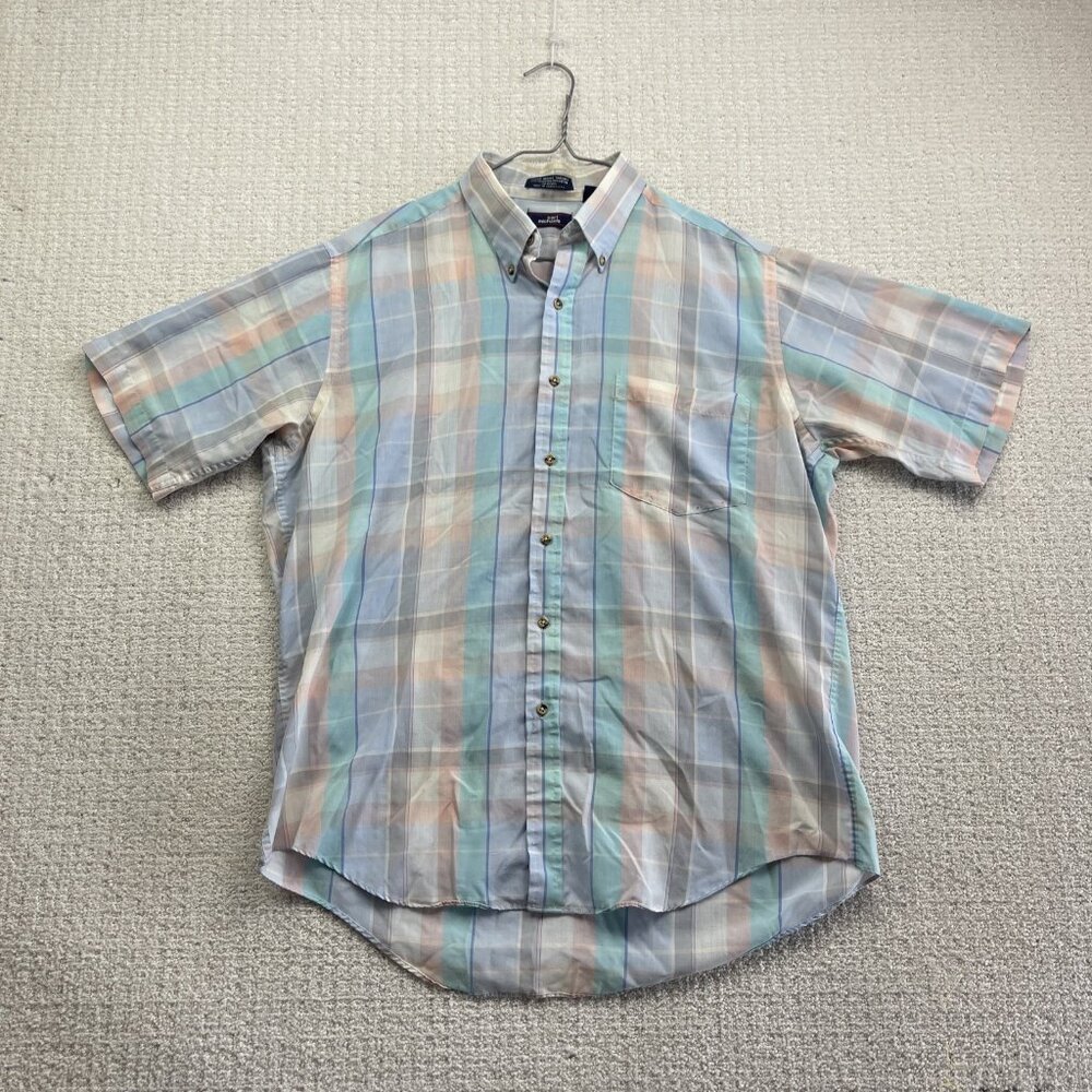 Carl Michaels Shirt Men L Pastel Blue / Pink Plaid Button Up Short Sleeve Read